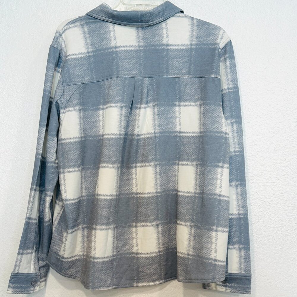 NEW 32 Degrees Heat Button Up Shirt Soft Stretch Plaid Gray White Women Sz Large - Picture 2 of 9